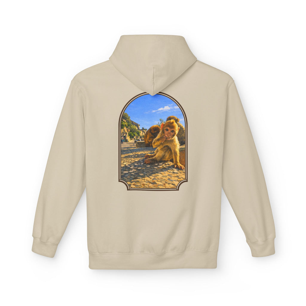 Gibraltar Baby Barbary Macaque Hoodie — Playful Wildlife Monkey Art Premium Fleece